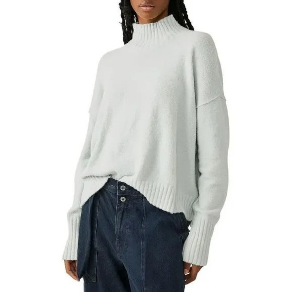 Free People Women's Vancouver Green Ribbed Trim Turtleneck Sweater Top Sz M